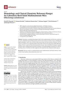Hematology and Clinical Chemistry Reference Ranges for Laboratory-Bred Natal Multimammate Mice (Mastomys Natalensis)