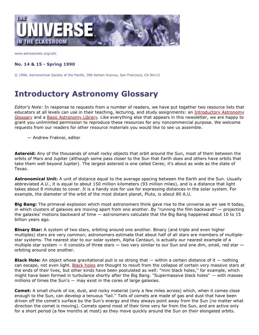 Introductory Astronomy Glossary