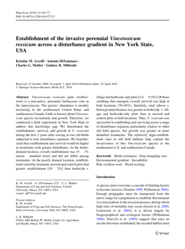 Establishment of the Invasive Perennial Vincetoxicum Rossicum Across a Disturbance Gradient in New York State, USA