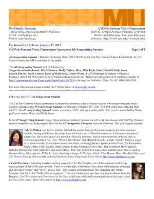 Cal Poly Pomona Music Department Announces 4Th Songwriting Summit Page 1 of 3