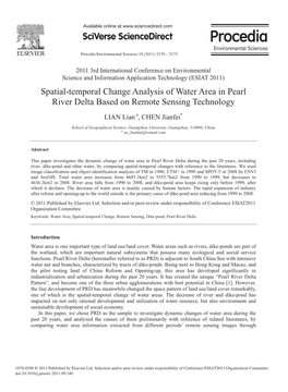 Spatial-Temporal Change Analysis of Water Area in Pearl River Delta Based on Remote Sensing Technology