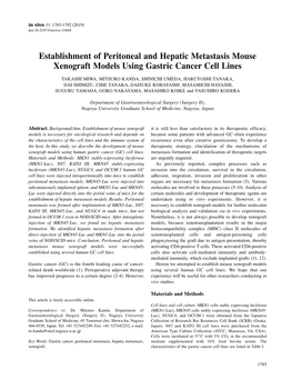 Establishment of Peritoneal and Hepatic Metastasis Mouse