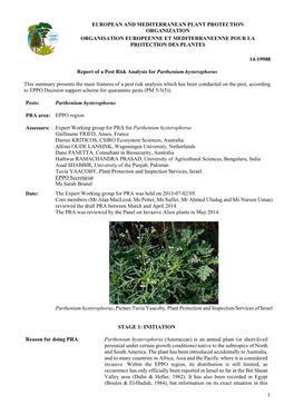 Report of a Pest Risk Analysis for Parthenium Hysterophorus
