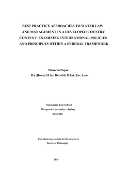 Best Practice Approaches to Water Law and Management in a Developed Country Context: Examining International Policies and Principles Within a Federal Framework