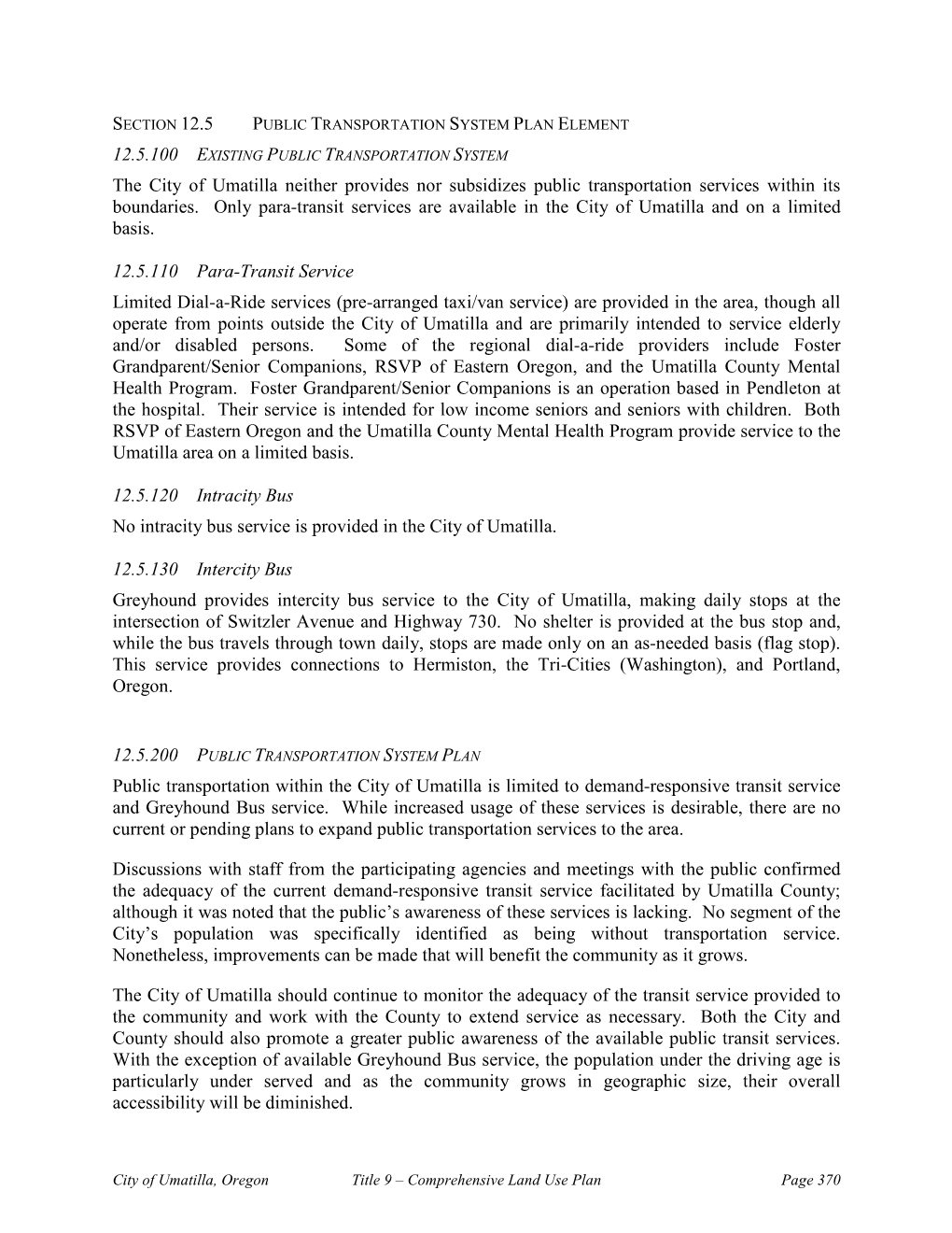 Section 12.5 Public Transportation System Plan Element