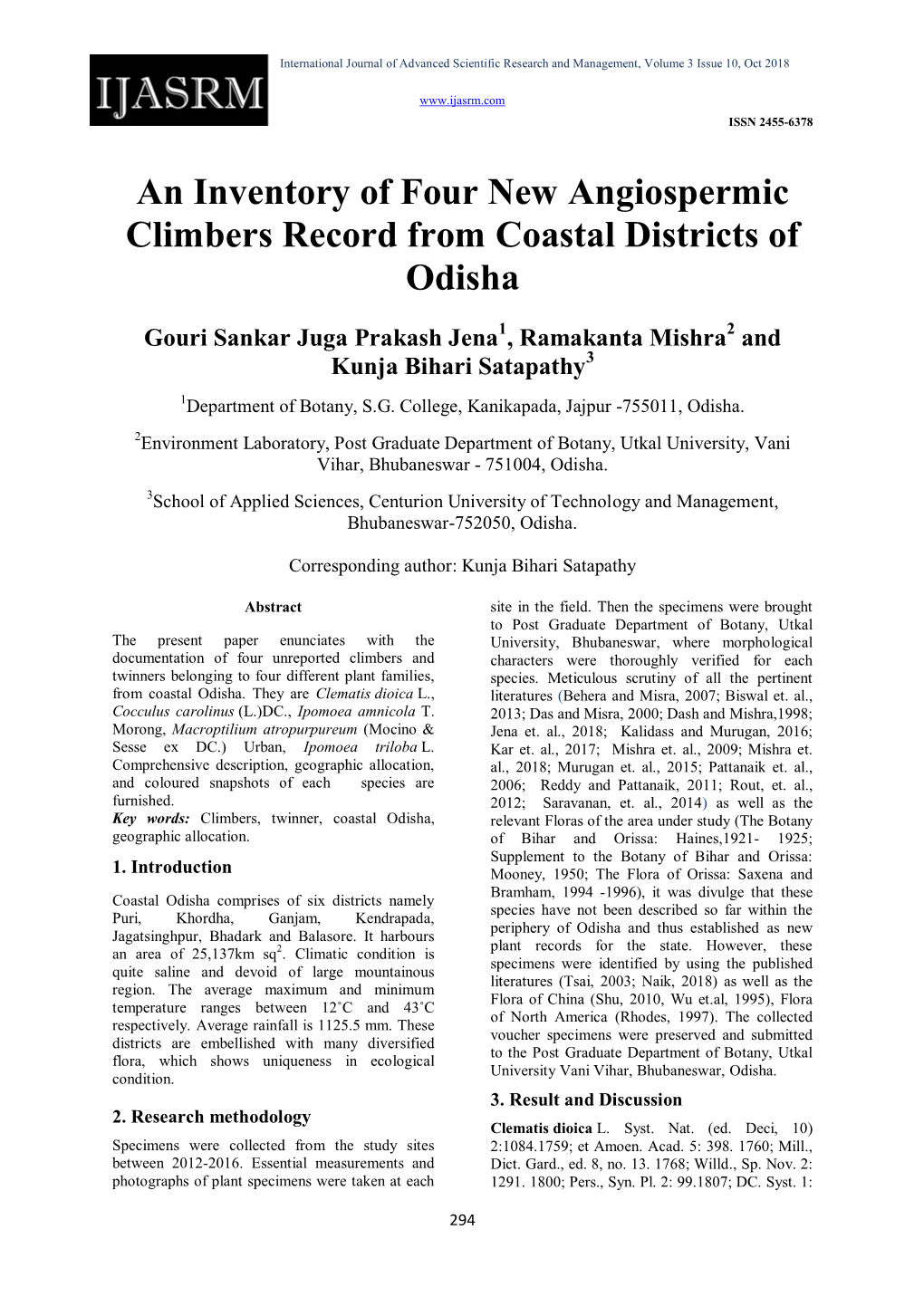 An Inventory of Four New Angiospermic Climbers Record from Coastal Districts of Odisha