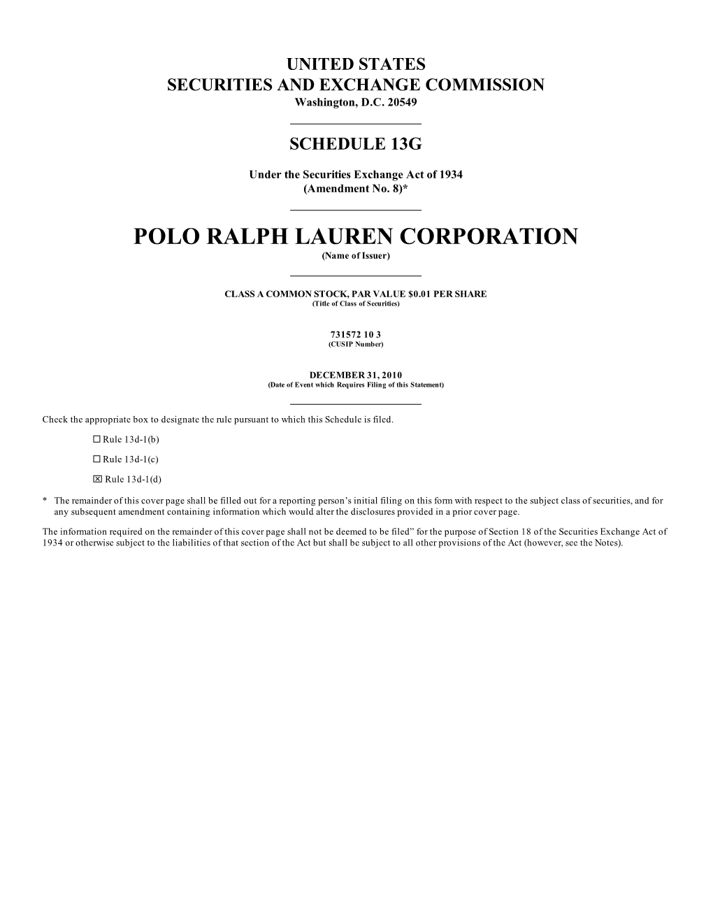 POLO RALPH LAUREN CORPORATION (Name of Issuer)