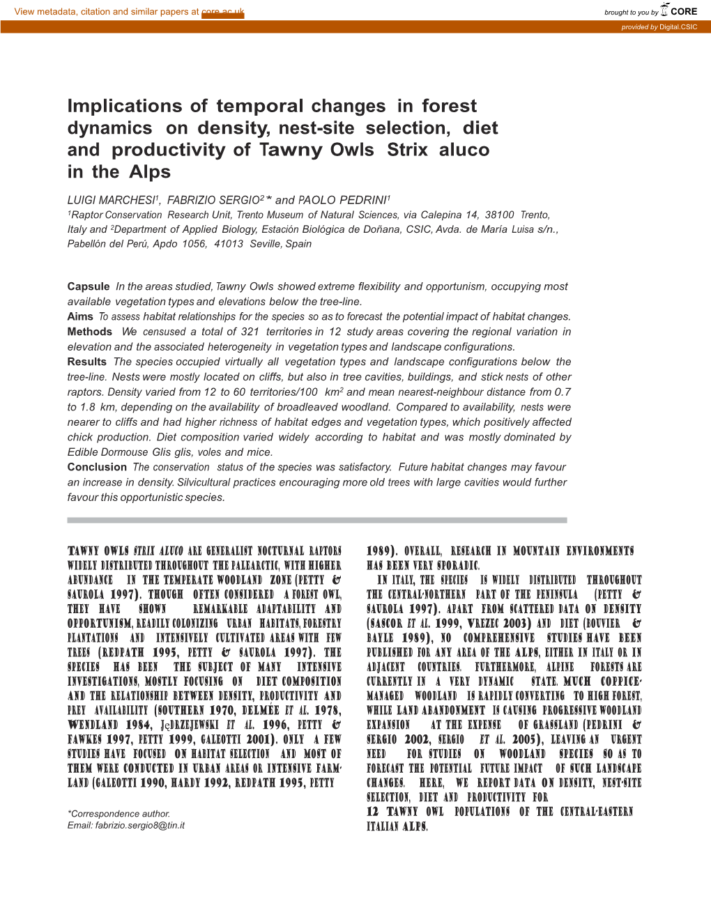 Implications of Temporal Changes in Forest Dynamics on Density, Nest-Site Selection, Diet and Productivity of Tawny Owls Strix Aluco in the Alps