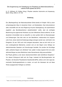 Die Ausgrenzung Und Vertreibung Von Physikern Im Nationalsozialismus - Welche Rolle Spielte Die DPG?