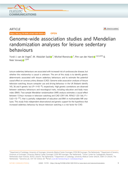 Genome-Wide Association Studies and Mendelian Randomization Analyses for Leisure Sedentary Behaviours ✉ Yordi J