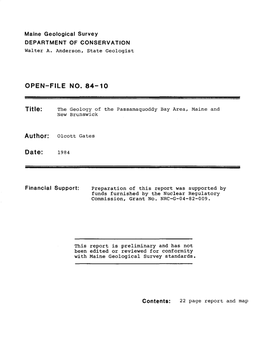 The Geology of the Passamaquoddy Bay Area, Maine and New Brunswick