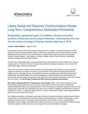 Liberty Global and Discovery Communications Renew Long-Term, Comprehensive Distribution Partnership
