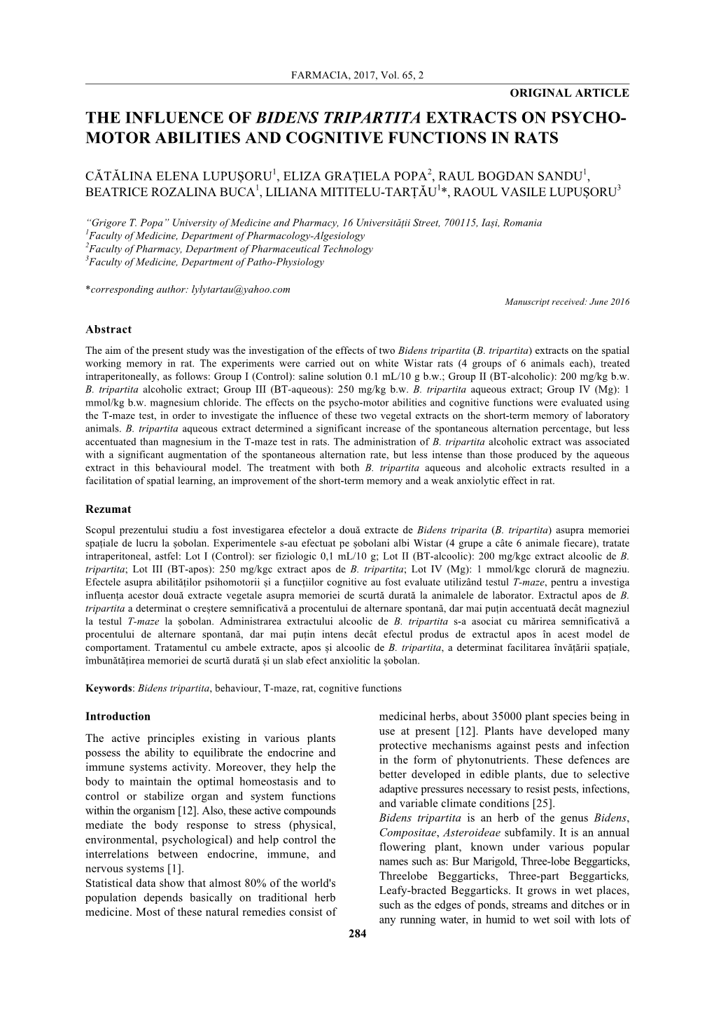 The Influence of Bidens Tripartita Extracts on Psycho- Motor Abilities and Cognitive Functions in Rats