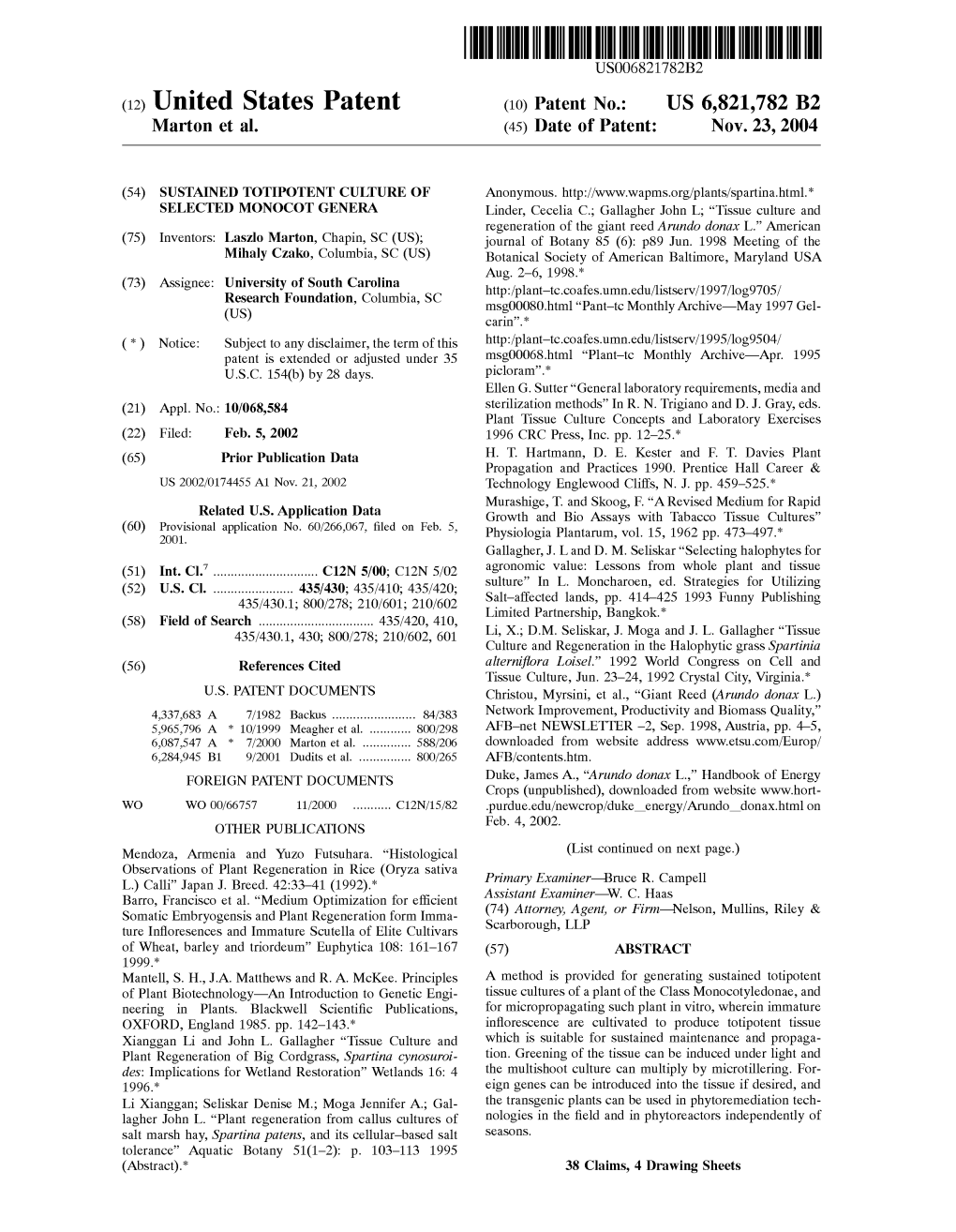 United States Patent (10) Patent N0.: US 6,821,782 B2 Marton Et Al