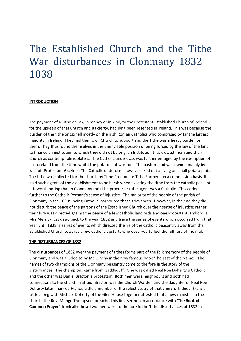 The Established Church and the Tithe War Disturbances in Clonmany 1832 – 1838