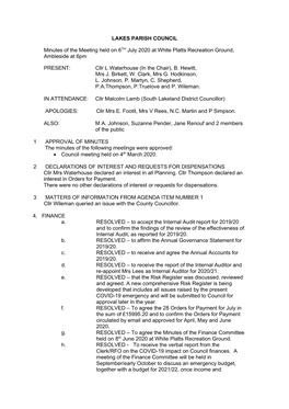 LAKES PARISH COUNCIL Minutes of the Meeting Held on 6TH July 2020