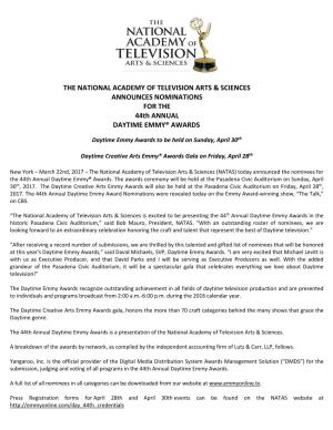 44Th Annual Daytime Emmy Award Nominations Were Revealed Today on the Emmy Award-Winning Show, “The Talk,” on CBS