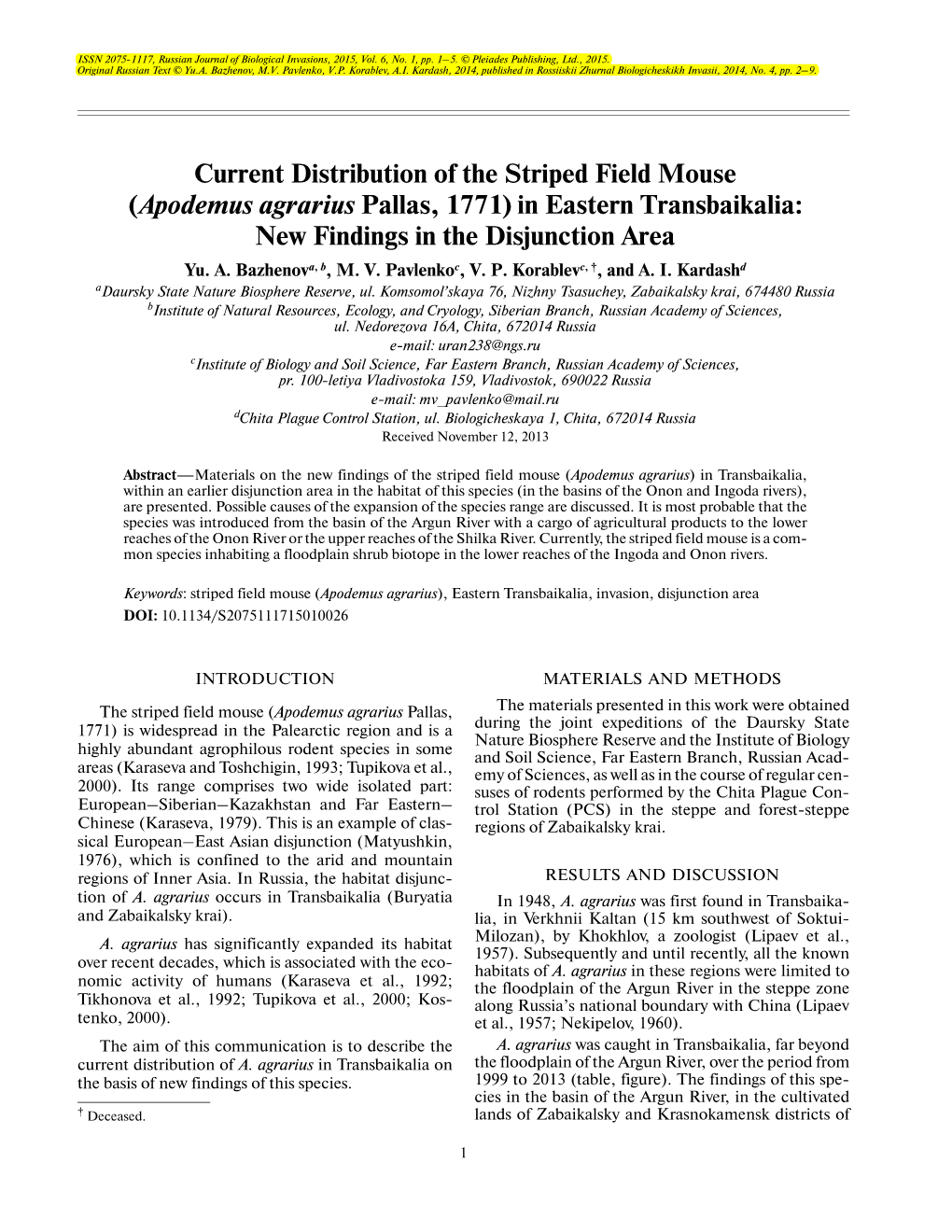 Current Distribution of the Striped Field Mouse (Apodemus Agrarius Pallas, 1771) in Eastern Transbaikalia: New Findings in the Disjunction Area Yu