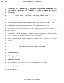 Assessing the Suitability of Multiple Dispersion and Land Use 2 Regression Models for Urban Traffic-Related Ultrafine 3 Particles