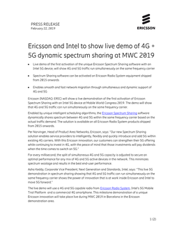 Ericsson and Intel to Show Live Demo of 4G + 5G Dynamic Spectrum Sharing at MWC 2019