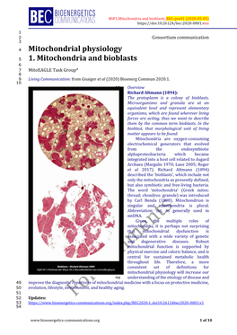 Mitochondrial Physiology 1. Mitochondria and Bioblasts