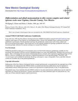 Differentiation and Alkali Metasomatism in Dike Swarm Complex and Related Igneous Rocks Near Capitan, Lincoln County, New Mexico Wolfgang E