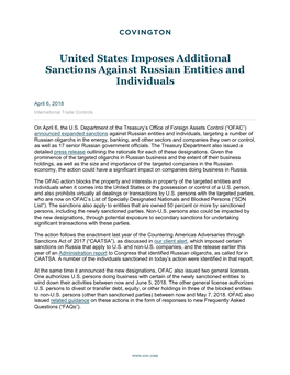 United States Imposes Additional Sanctions Against Russian Entities and Individuals