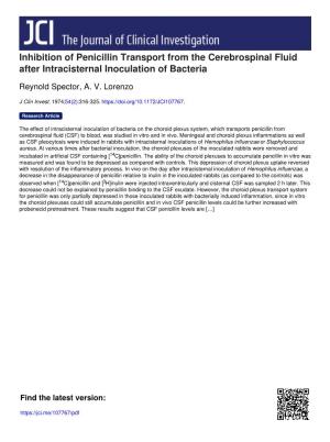 Inhibition of Penicillin Transport from the Cerebrospinal Fluid After Intracisternal Inoculation of Bacteria