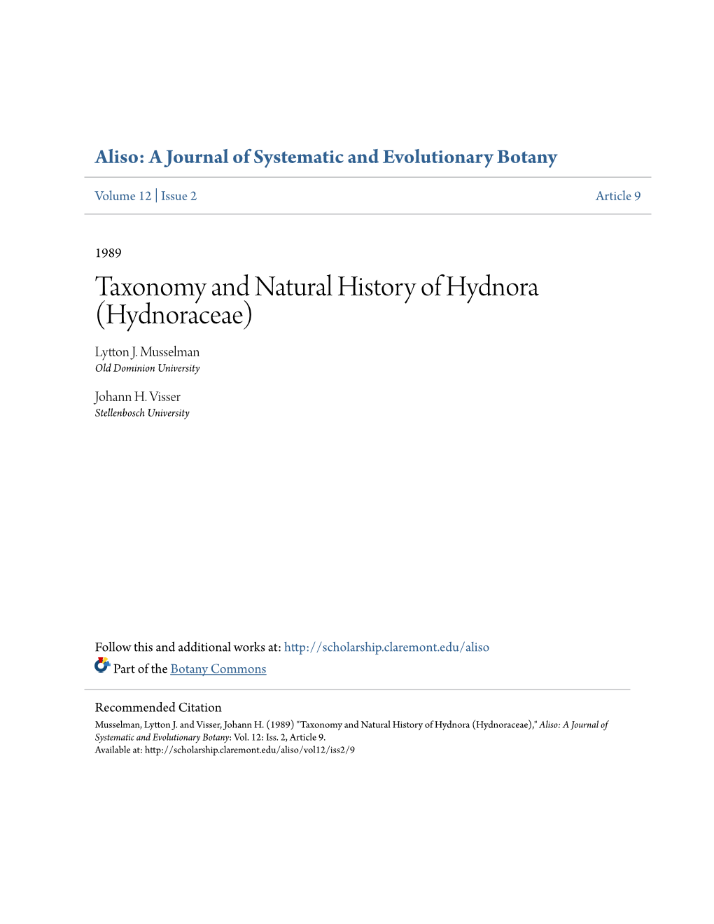 Taxonomy and Natural History of Hydnora (Hydnoraceae) Lytton J