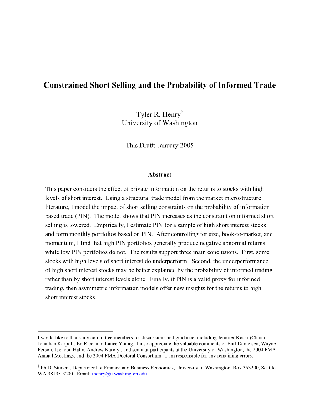 Constrained Short Selling and the Probability of Informed Trade