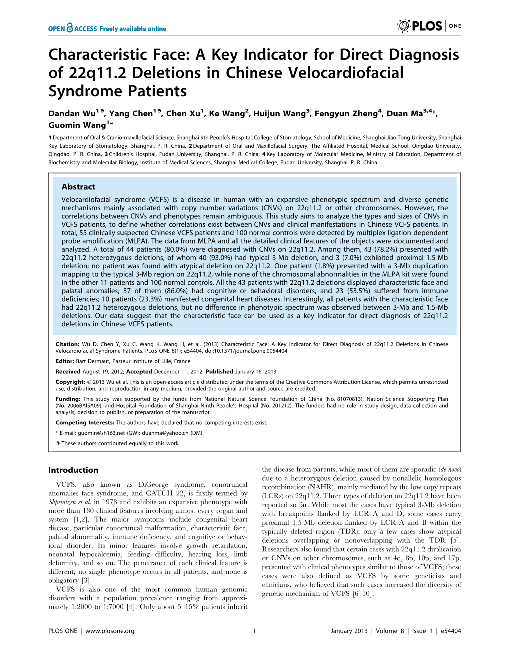 A Key Indicator for Direct Diagnosis of 22Q11.2 Deletions in Chinese Velocardiofacial Syndrome Patients