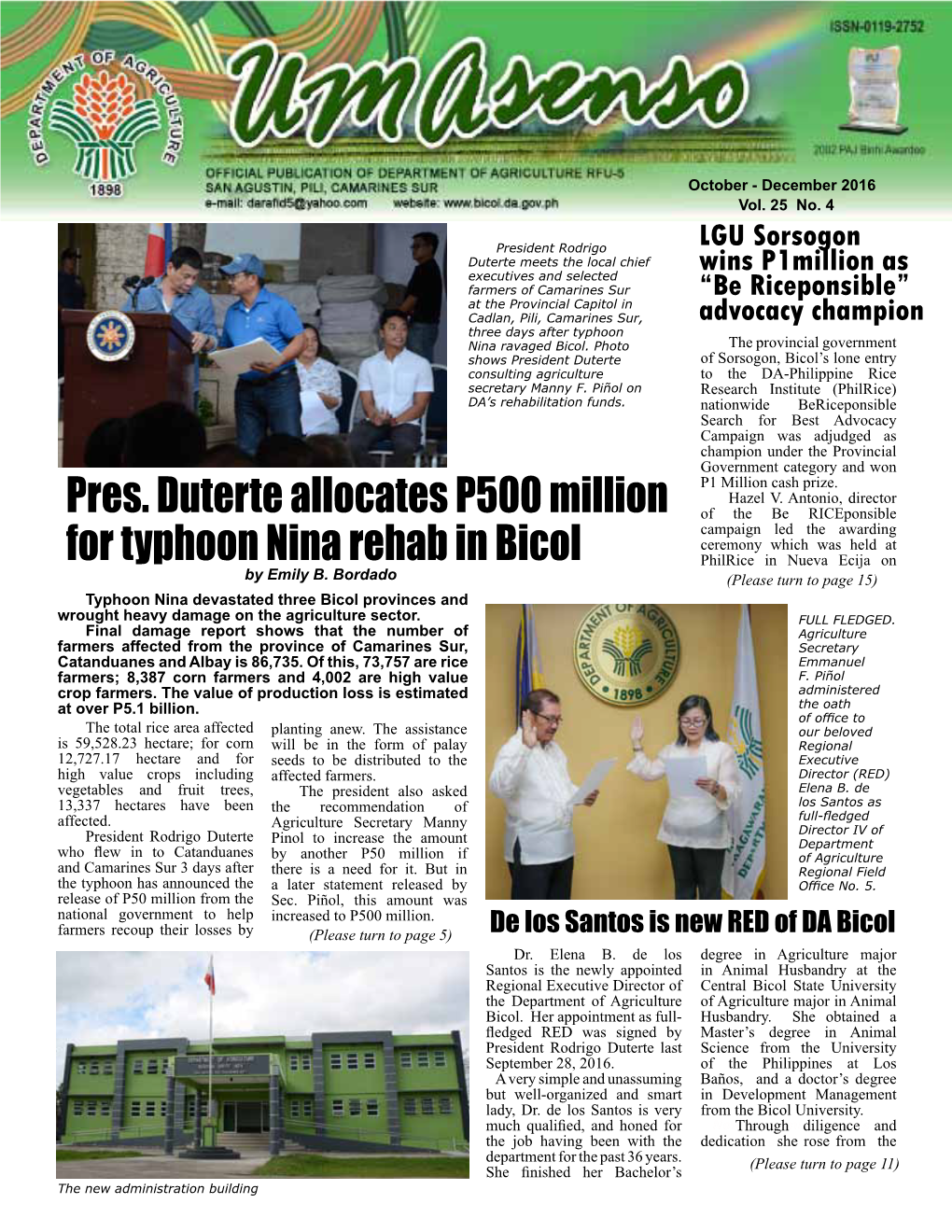Pres. Duterte Allocates P500 Million for Typhoon Nina Rehab in Bicol