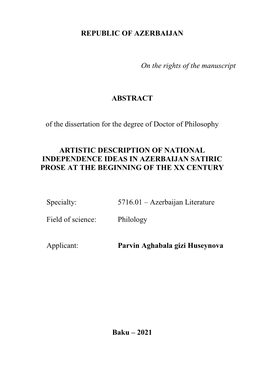 REPUBLIC of AZERBAIJAN on the Rights of the Manuscript ABSTRACT of the Dissertation for the Degree of Doctor of Philosophy ARTIS