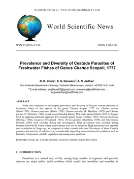 Prevalence and Diversity of Cestode Parasites of Freshwater Fishes of Genus Channa Scopoli, 1777