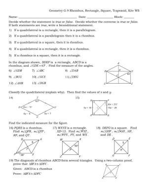 Geometry G.9 Rhombus, Rectangle, Square, Trapezoid, Kite WS Name