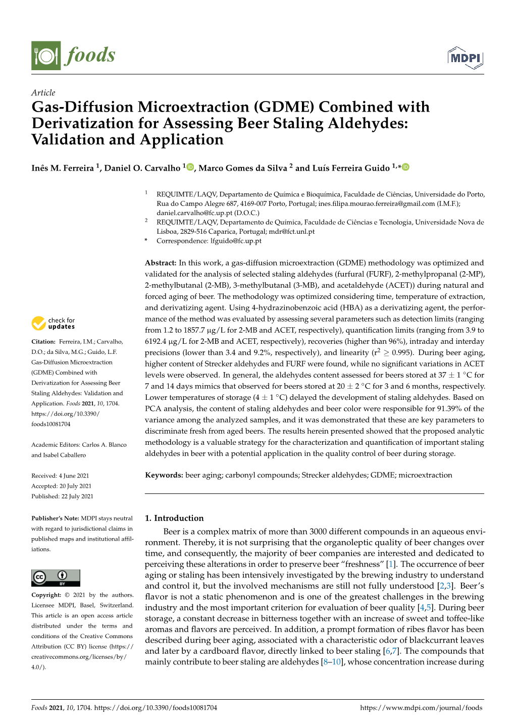 Gas-Diffusion Microextraction (GDME) Combined with Derivatization for Assessing Beer Staling Aldehydes: Validation and Application