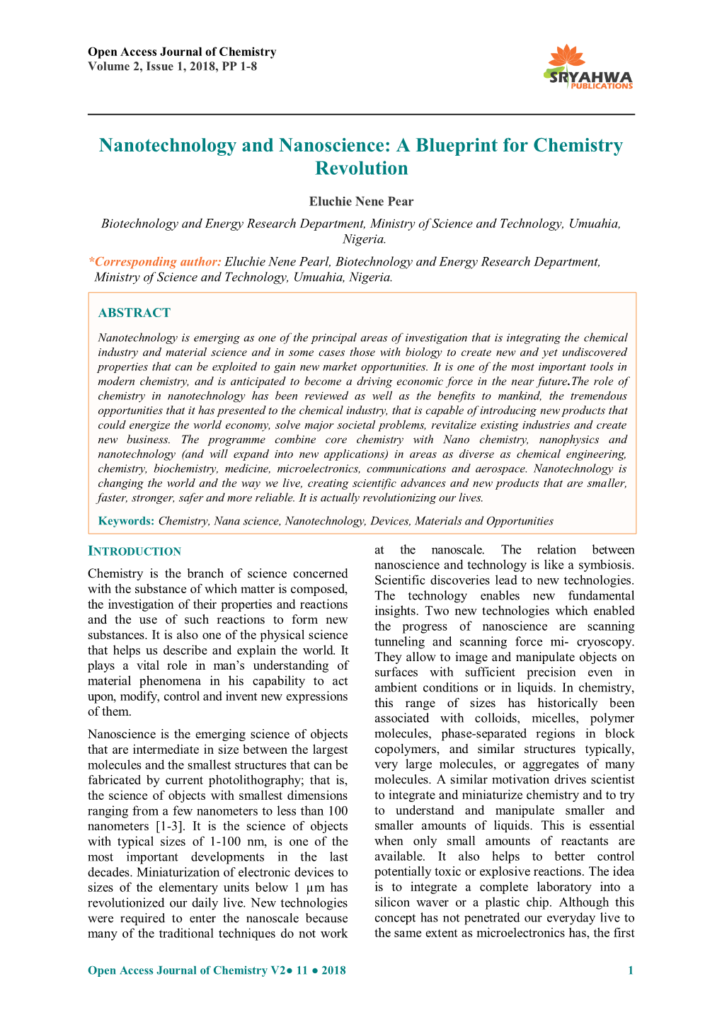 Nanotechnology and Nanoscience: a Blueprint for Chemistry Revolution