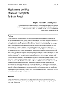 Mechanisms and Use of Neural Transplants for Brain Repair