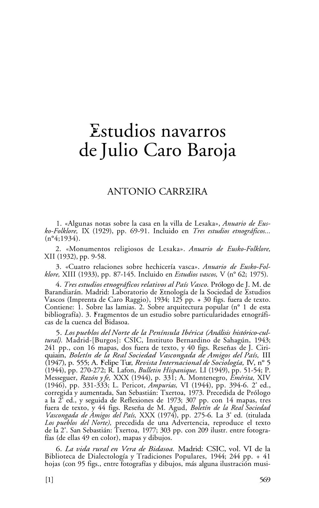Estudios Navarros De Julio Caro Baroja