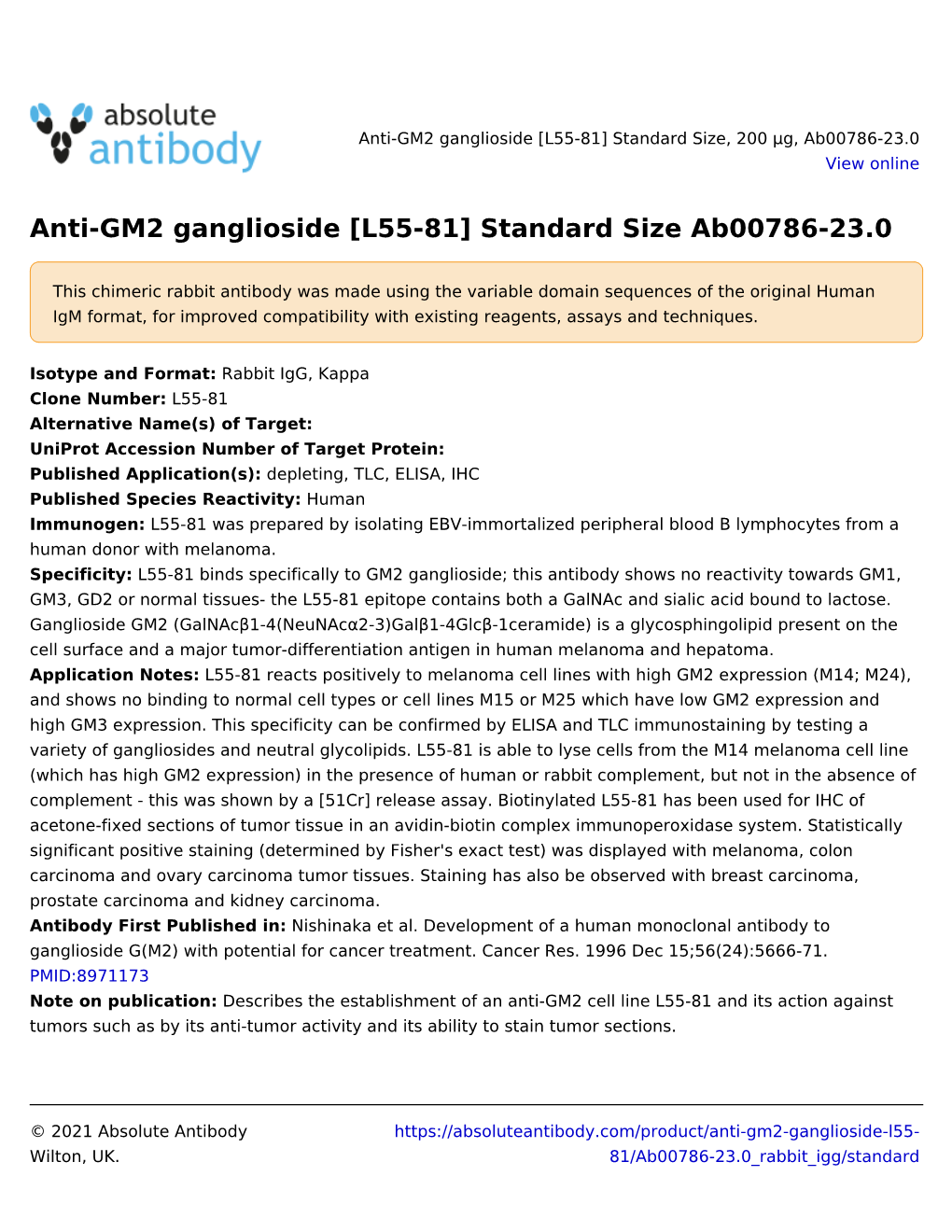 Anti-GM2 Ganglioside [L55-81] Standard Size, 200 Μg, Ab00786-23.0 View Online