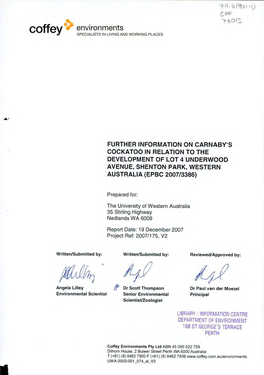 Further Information on Carnaby's Cockatoo in Relation to the Development of Lot 4 Underwood Avenue, Shenton Park, Western Australia (Epbc 2007/3386)