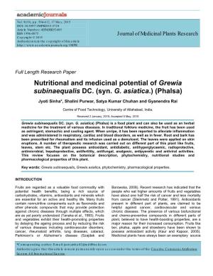 Nutritional and Medicinal Potential of Grewia Subinaequalis DC. (Syn. G