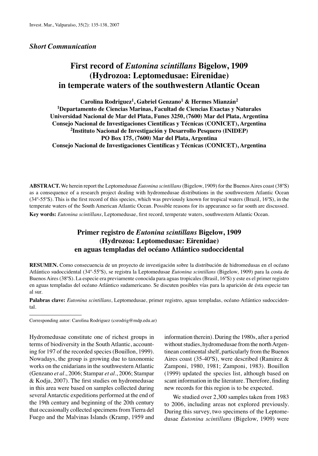 Hydrozoa: Leptomedusae: Eirenidae) in Temperate Waters of the Southwestern Atlantic Ocean