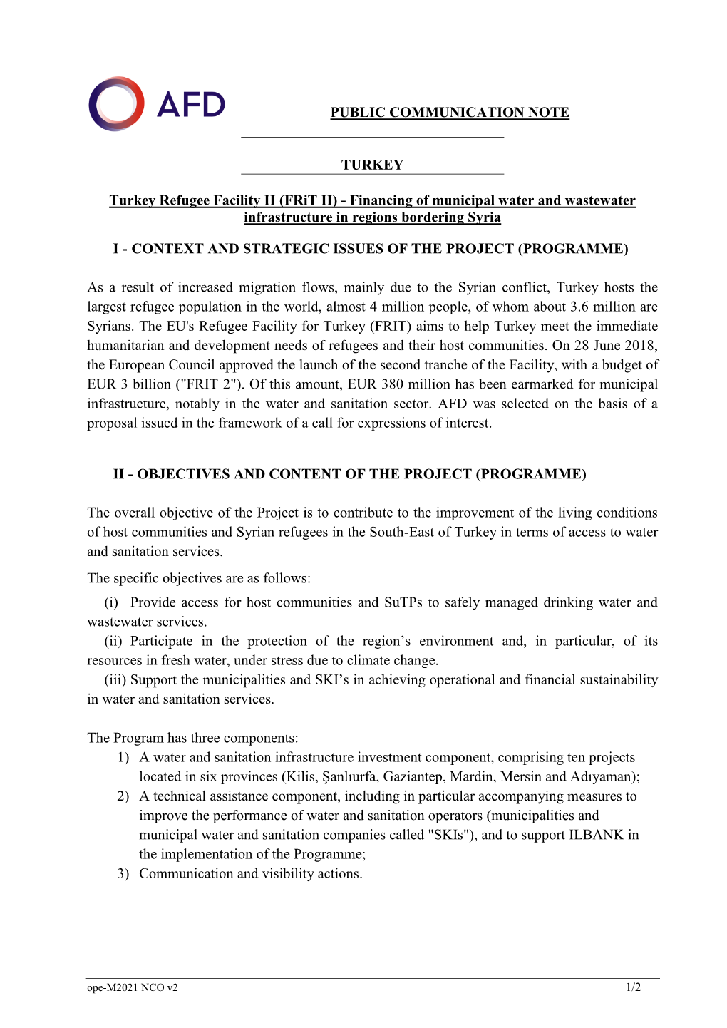 PUBLIC COMMUNICATION NOTE TURKEY Turkey Refugee Facility II