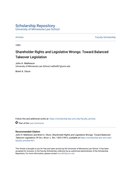 Shareholder Rights and Legislative Wrongs: Toward Balanced Takeover Legislation