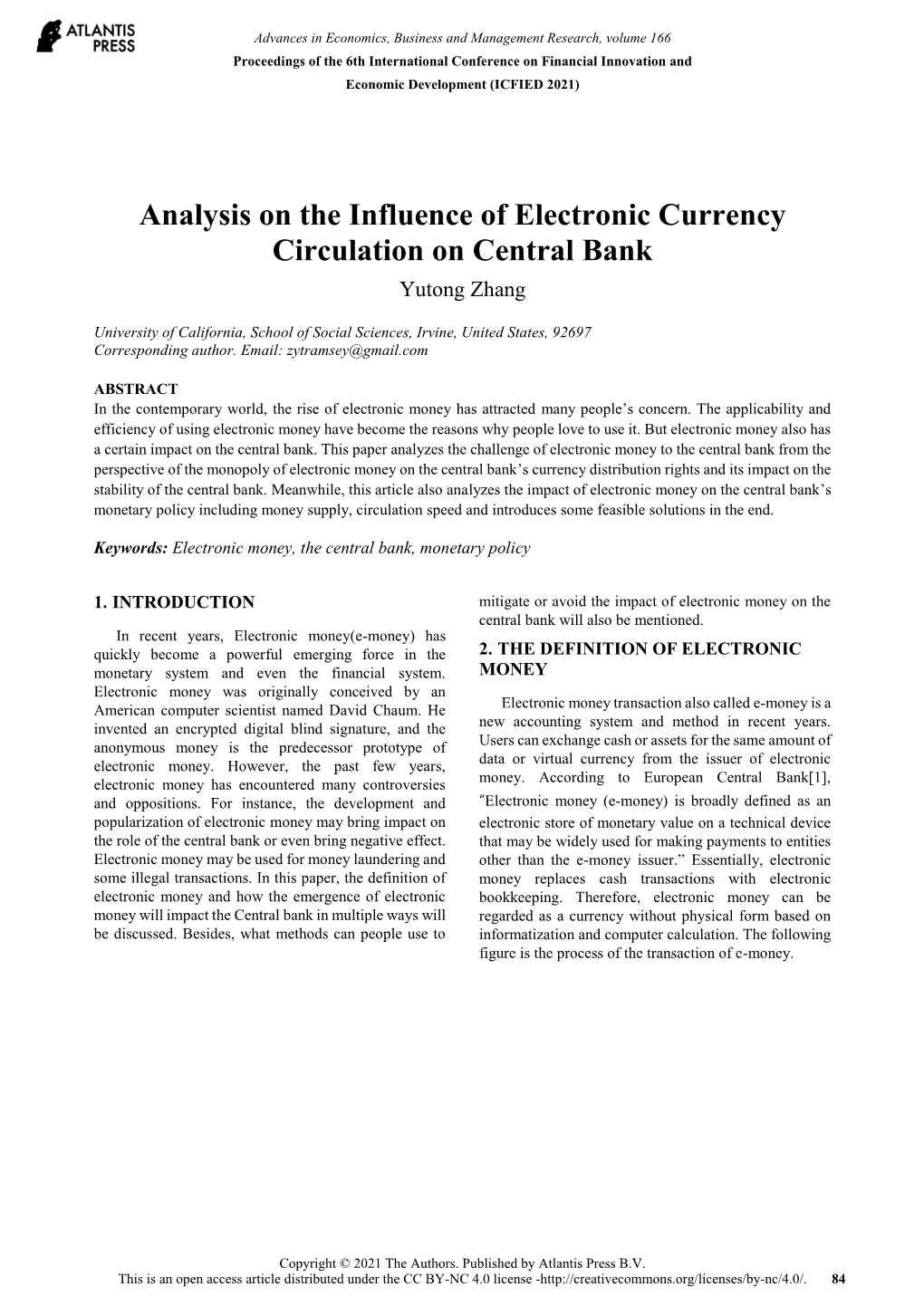 Analysis on the Influence of Electronic Currency Circulation on Central Bank Yutong Zhang