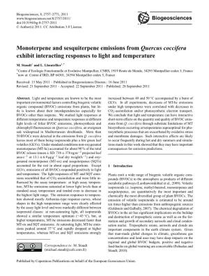 Monoterpene and Sesquiterpene Emissions from Quercus Coccifera Exhibit Interacting Responses to Light and Temperature