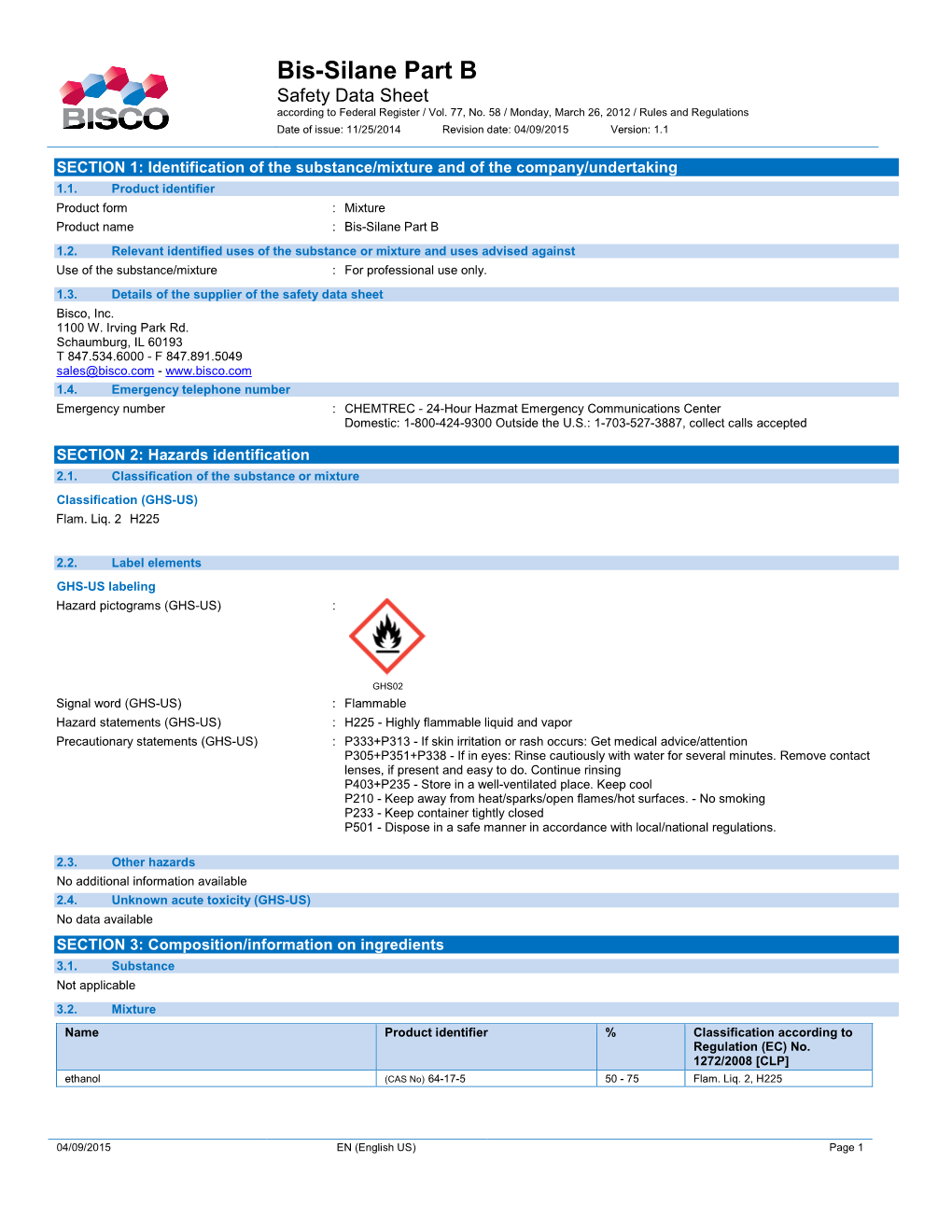 Bis-Silane Part B Safety Data Sheet According to Federal Register / Vol