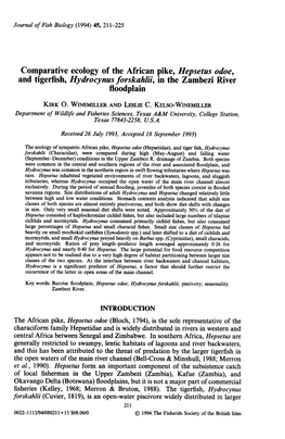 Comparative Ecology of the African Pike, Hepsetus Odoe, and Tigerfish