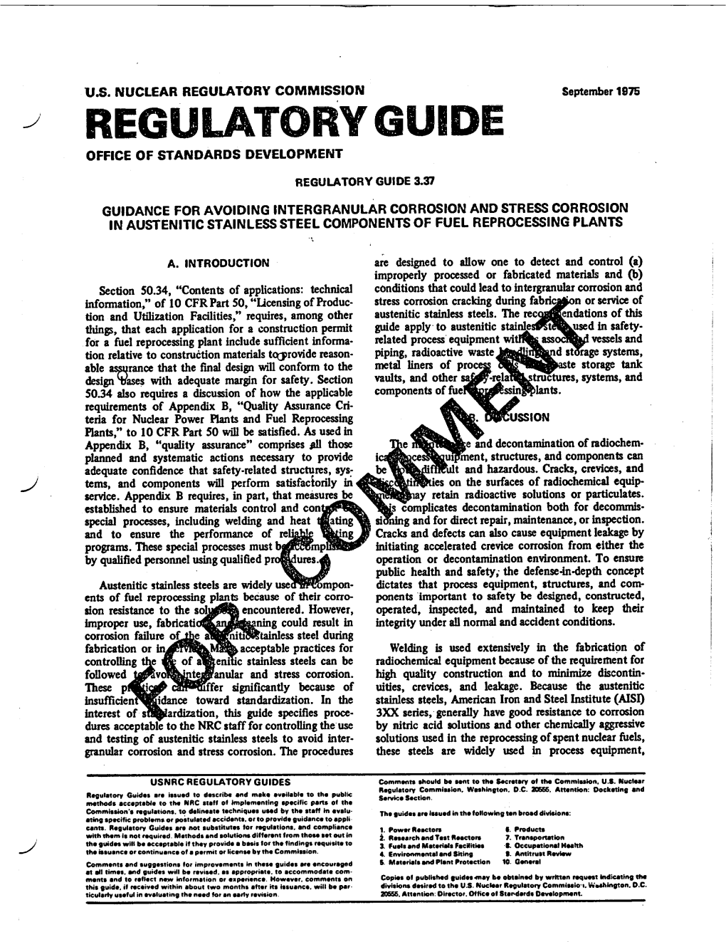 Regulatory Guide 3.37, Guidance for Avoiding Intergranular Corrosion and Stress Corrosion in Austenitic Stainless Steel Componen